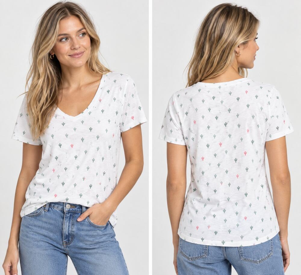 Caslon White Cactus Print T-Shirt Women’s XS V Neck Short Sleeve Casual Tee